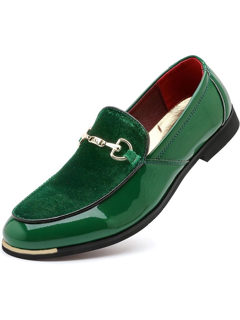 Men's Green Rubber Velvet Patent Leather Loafer Gold Buckle Slip On Luxury Shoes